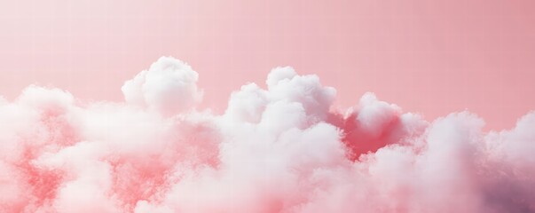 Fototapeta premium Pink pastel watercolor background with white clouds. Abstract pink sky banner template. White clouds in the pink sky. Happy Valentine's Day