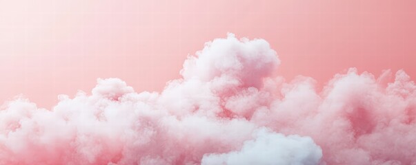 Fototapeta premium Pink pastel watercolor background with white clouds. Abstract pink sky banner template. White clouds in the pink sky. Happy Valentine's Day