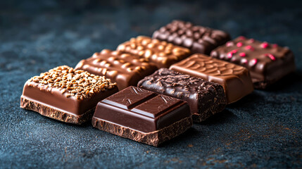 Assorted gourmet chocolate bars on dark background.