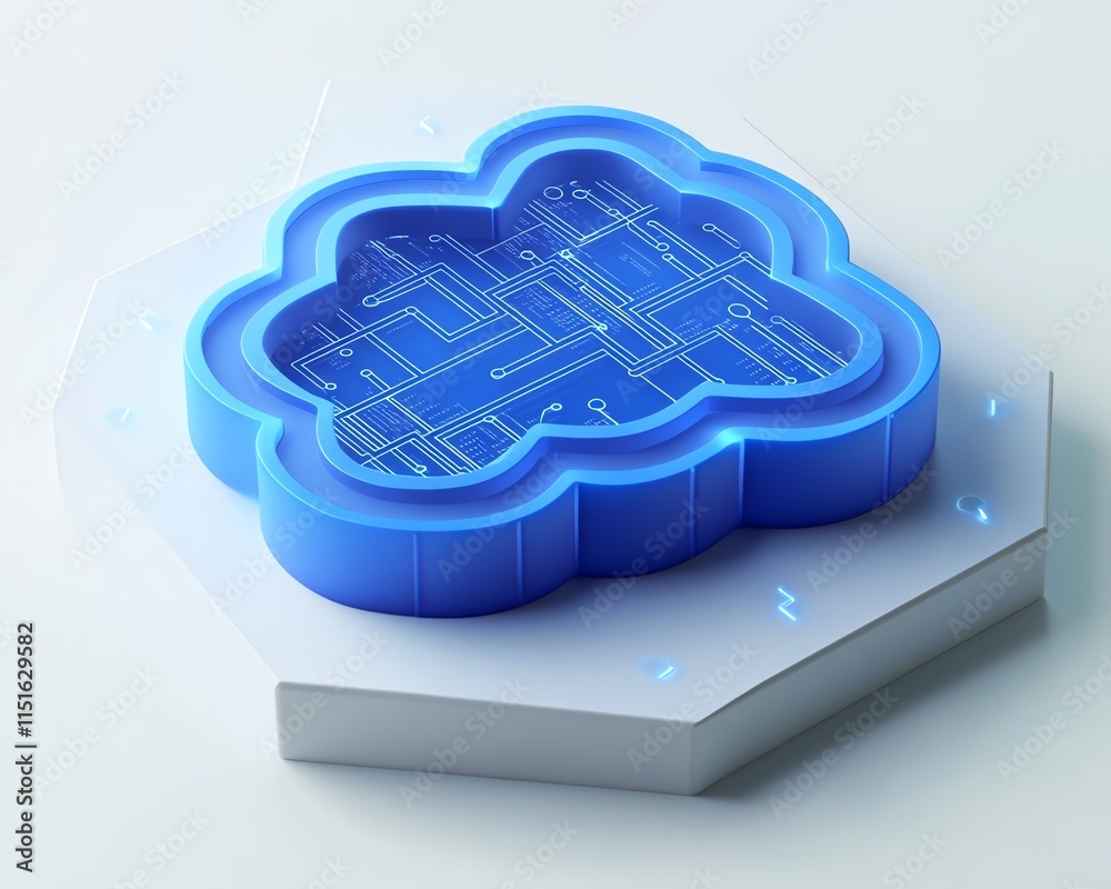 Poster a 3d representation of a blue cloud icon with interconnected circuits on a white hexagonal backgroun