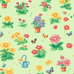 A cheerful garden-themed pattern with smiling flowers, butterflies, and bees, surrounded by tiny watering cans, spades, and plant pots, all rendered in vibrant colors on a pale green background. 
