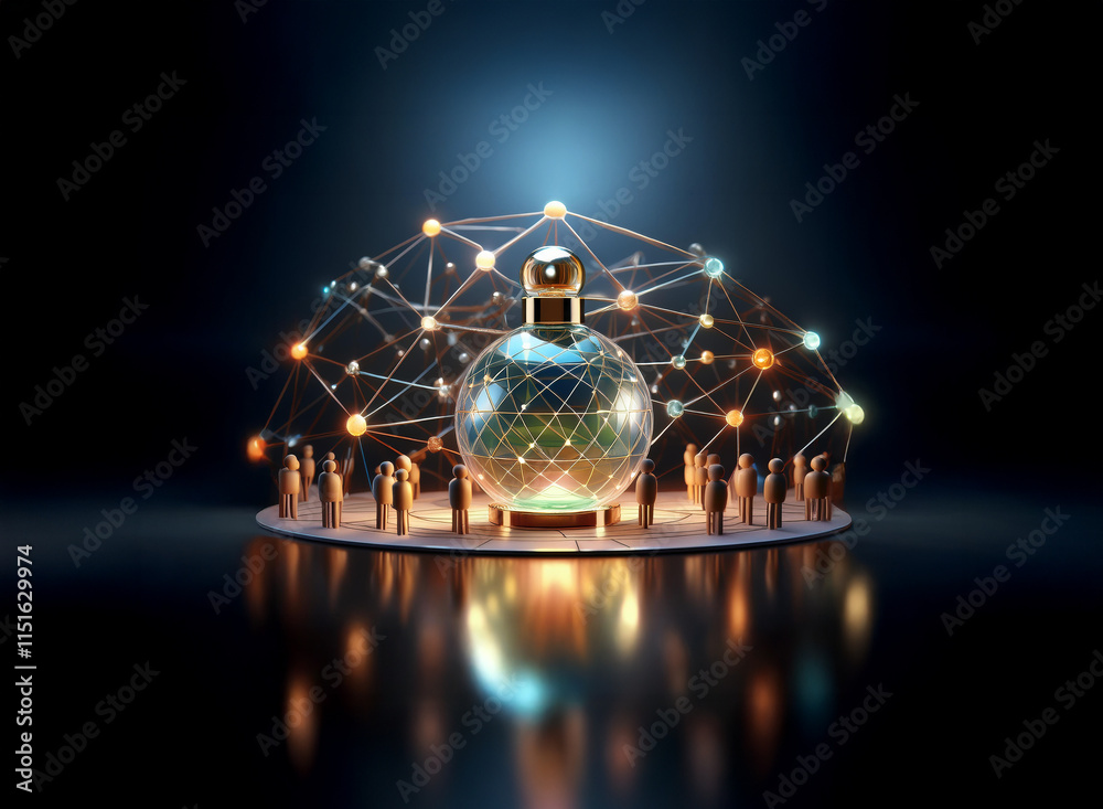 Aufkleber a luminous glass orb, possibly containing liquid, sits on a platform encircled by small figures and 