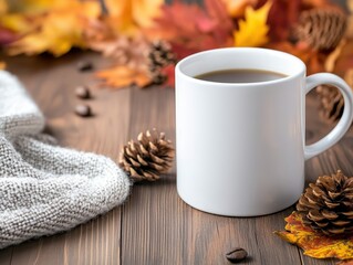Cozy white mug surrounded by autumn leaves and pine cones in a tranquil fall setting