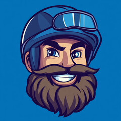 A cartoon character of a smiling biker with a beard and mustache, wearing a helmet on a blue background