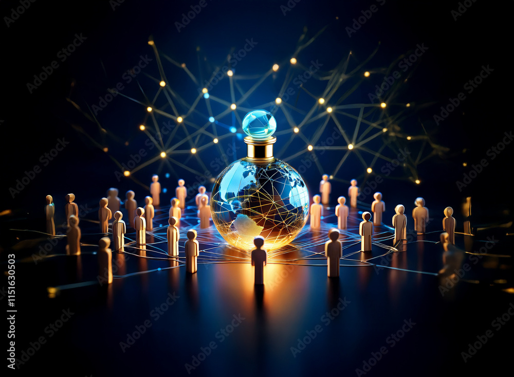 Poster a glowing glass orb, depicting earth, sits at the center of a network connecting small figures. the 