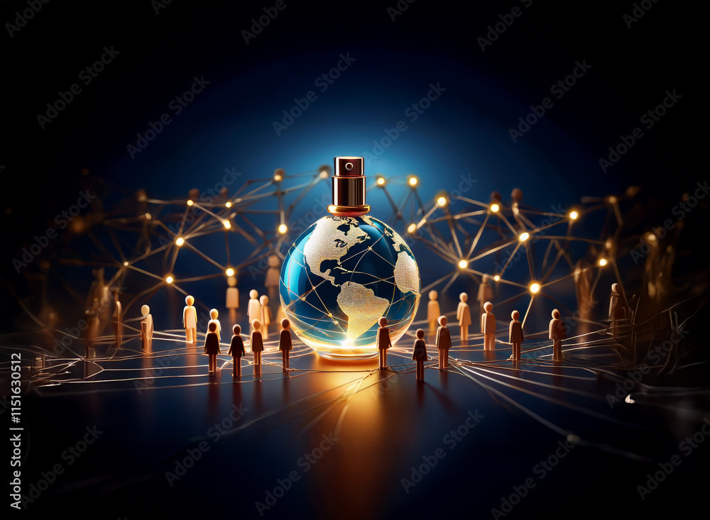 Poster a perfume bottle shaped like the earth sits glowing, surrounded by a network of interconnected figur