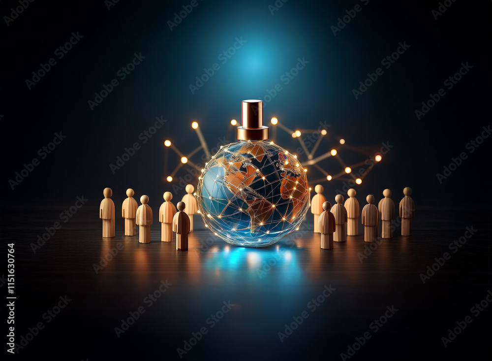 Poster a perfume bottle, shaped like the earth, glows, connected to a global network. small figures surroun