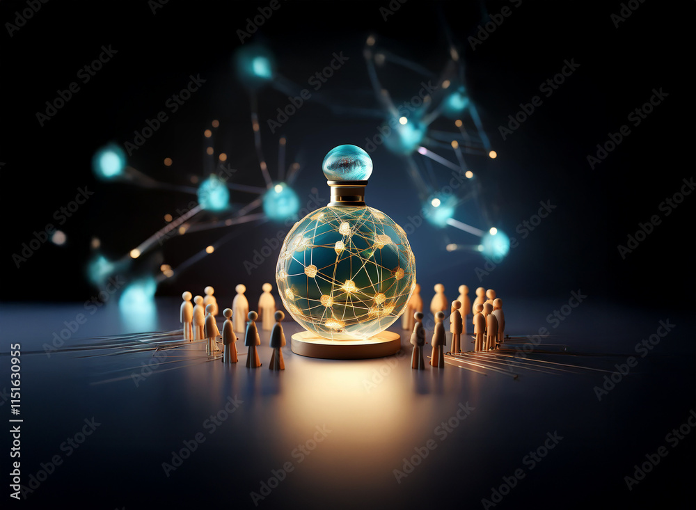 Poster a luminous orb, resembling a perfume bottle, glows at the center. tiny figures surround it, connecte
