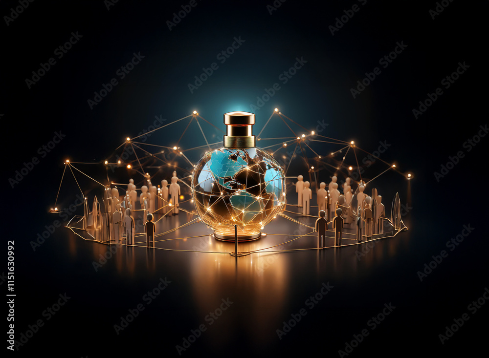 Poster a golden perfume bottle, shaped like a globe, sits at the center of a network connecting numerous mi