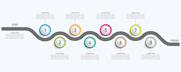 Infographic roadmap design template. Business Timeline of 8 Important Business Events annual business presentation. Vector illustration