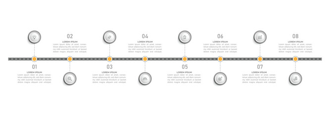 Infographic roadmap design template. Business Timeline of 8 Important Business Events annual business presentation. Vector illustration