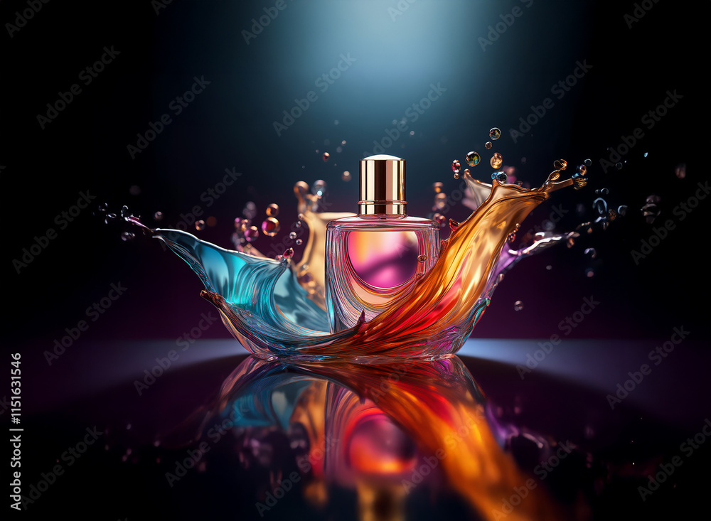 Aufkleber a perfume bottle sits amidst a vibrant splash of multicolored liquid, creating a dynamic and luxurio