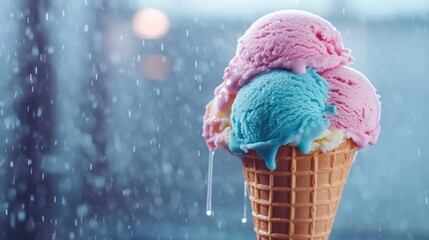 Vibrant pink and blue ice cream scoops in waffle cone on rainy day