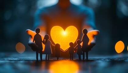A paper family surrounded by a man holding a luminous heart in his hands, symbolizing love, unity, and warmth, set against a blurred, glowing backdrop