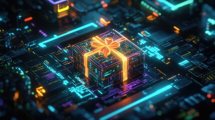 Fototapeta premium Neon gift wrapped box on futuristic circuit board illuminated with glowing lights