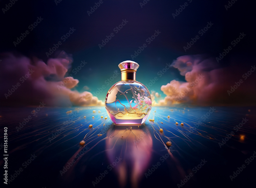 Poster a mystical perfume bottle, glowing with ethereal light, sits on a reflective surface amidst swirling