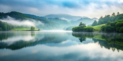 Serene lake reflecting misty mountains and lush greenery