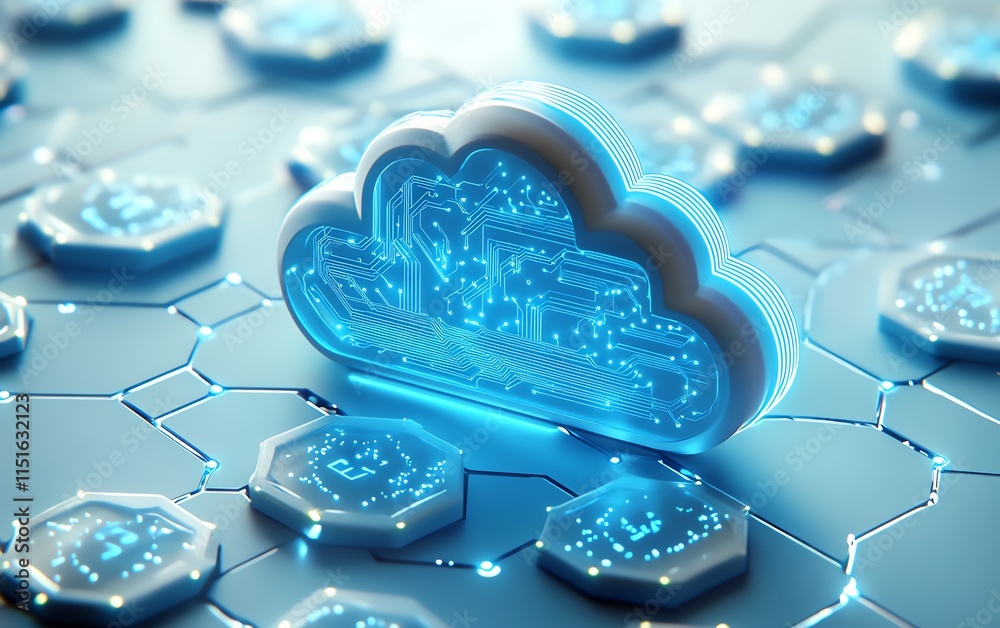 Poster blue cloud icon with glowing circuits, set over a white hexagonal background, representing the conce