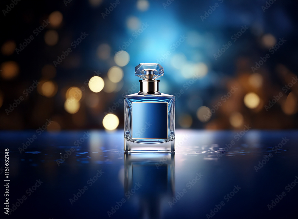 Poster a sleek, blue perfume bottle sits on a reflective surface, bathed in soft blue and gold light. the b