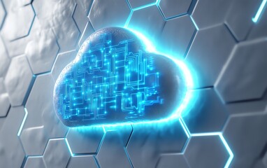 Obraz premium Blue cloud icon with glowing circuits, set over a white hexagonal background, representing the concepts of cloud computing, data storage, and virtual networks in 3D