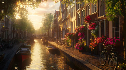 Naklejka premium Golden Hour Canal: Charming Cityscape at Sunset