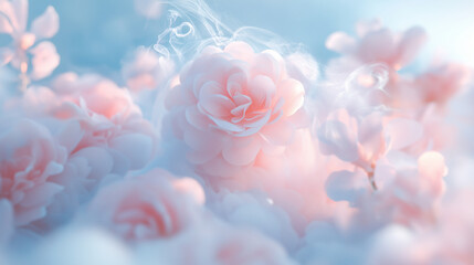 Fototapeta premium Flowers with smoke rising from their center, captured in the soft light and pastel color palette, petals and swirling clouds around them