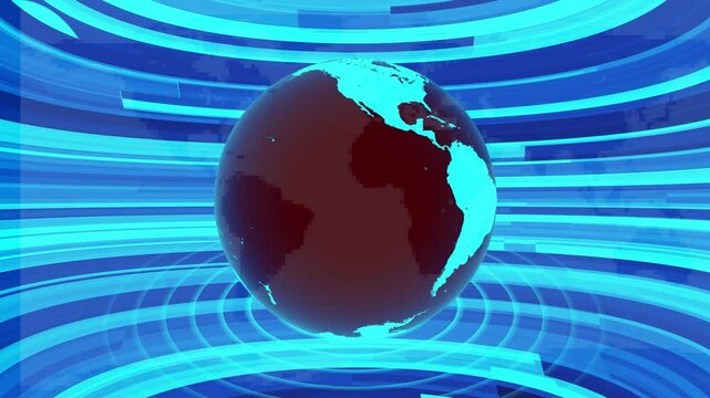 News background full screen glowing cyan color world map earth with radio waves globe animation