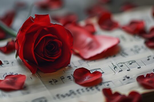 A red rose is on top of a sheet of music notes