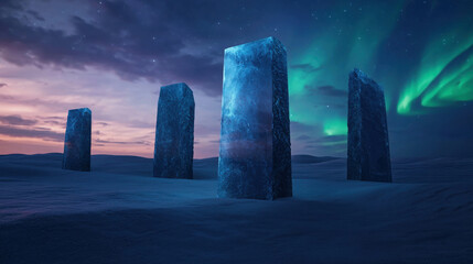 Futuristic Desert Landscape with Giant Translucent Monoliths Under Northern Lights