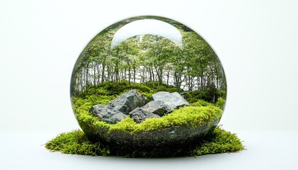 A crystal glass globe placed on green moss in the heart of a forest, symbolizing environmental care, sustainability, and ESG values for Earth Day