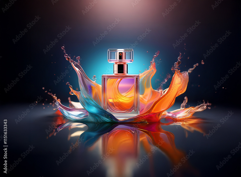 Poster a vibrant perfume bottle sits amidst a colorful liquid splash, illuminated by a dramatic light. the 