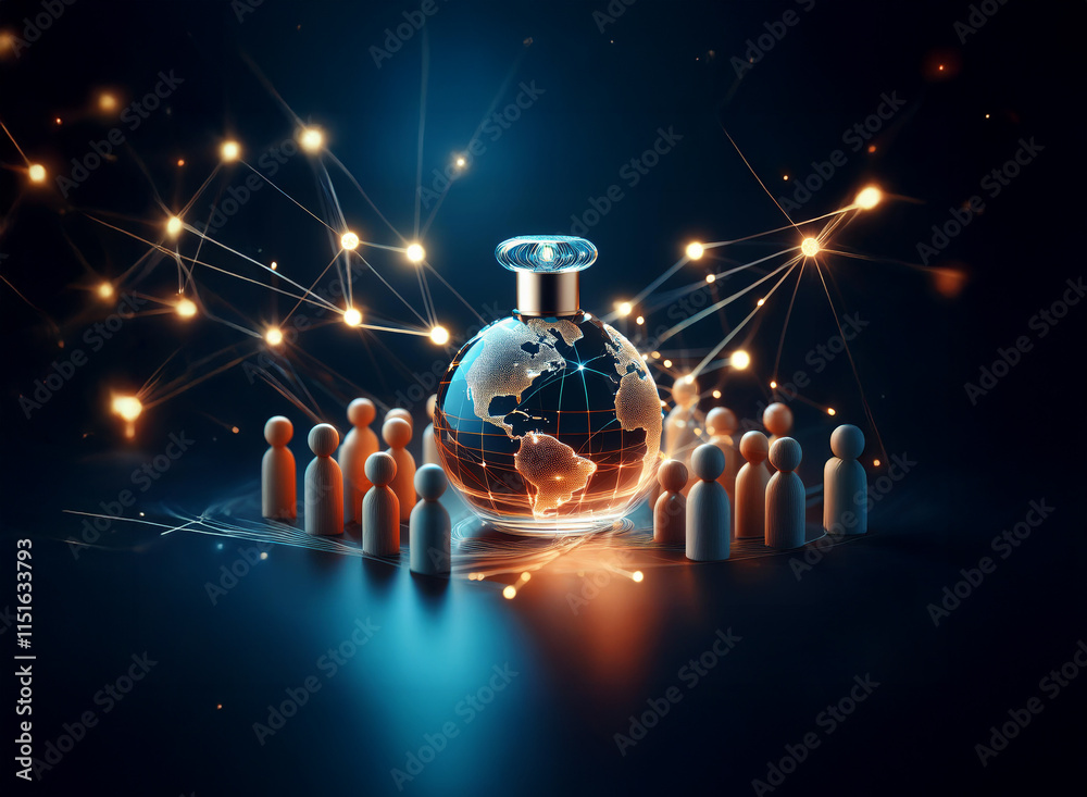 Poster a glass globe encased in perfume bottle form sits amidst small figures, connected by a glowing netwo