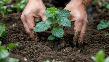 A pair of hands carefully planting a young tree in soil, surrounded by a lush green environment, symbolizing Earth Day and business commitment to environmental care