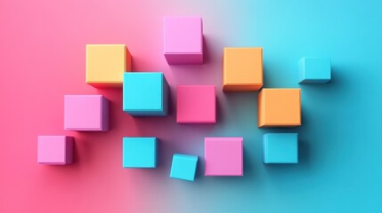 Fototapeta premium Abstract Colorful Cube Composition: A Playful Arrangement of Pastel-Colored Cubes Against a Gradient Background