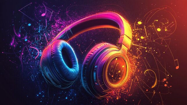 Colorful glowing headphones with musical notes and neon splashes
