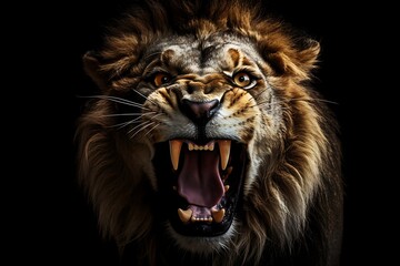 Close-up of a majestic male lion roaring against a black background, showcasing its powerful teeth and intense expression.