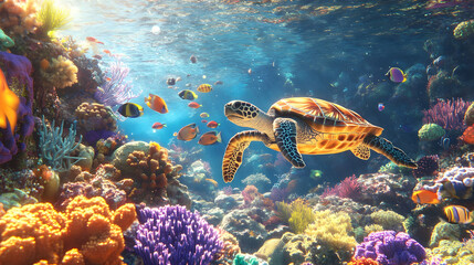 Fototapeta premium Majestic Sea Turtle in Vibrant Coral Reef: Underwater Paradise