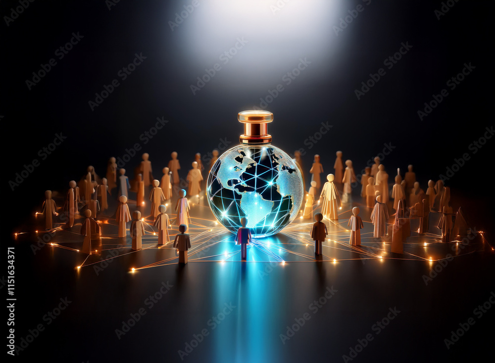 Poster a glowing globe inside a glass perfume bottle sits amidst a network of interconnected figurines, sym