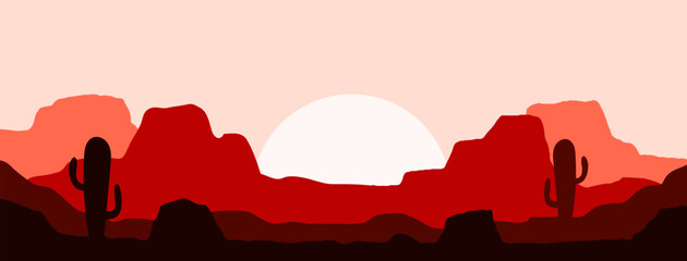 Sunset desert terrain cartoon flat design landscape banner background vector. © Hero Design