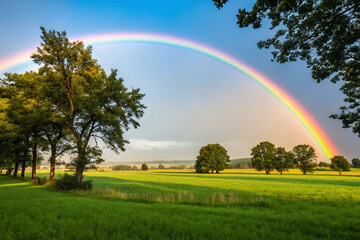 Naklejka premium Pretty rainbow in a field with trees