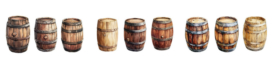 Collection of watercolor painted wooden barrels, various colors and styles, isolated on transparent background. Perfect for brewery, distillery, or vintage designs.