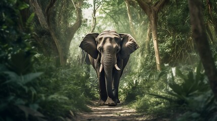 Fototapeta premium Majestic elephant walking on jungle path.