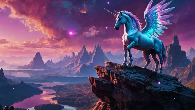 Video footage of majestic winged unicorn stands on a cliff, overlooking a fantastical landscape with mountains, rivers, and a vibrant, colorful sky filled with stars