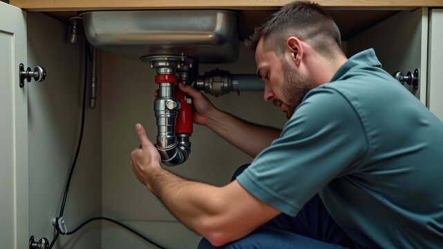 plumber concentrates on repairing a sink pipe under a kitchen counter. Perfect representation of reliable home repair, maintenance, and plumbing services