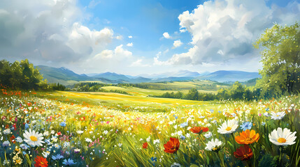 Summer meadow scenery, wildflowers in bloom, gentle breezes create a vibrant and lively landscape. Zephyrous. Illustration