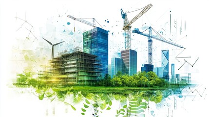 Engineers discussing eco-friendly designs in a sustainable factory construction site, with materials like bamboo and recycled steel