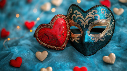 Elegant masquerade mask and heart decorations on blue background