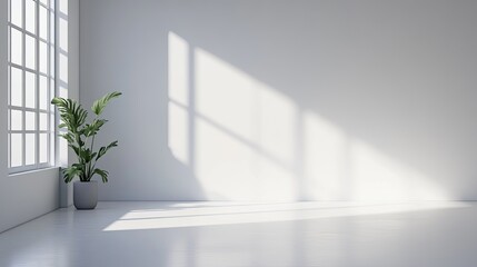 Fototapeta premium Bright and airy interior space with sunlight streaming through large windows and a potted plant in the corner