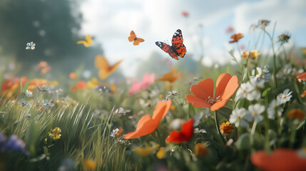 Obraz premium Butterflies dance gracefully above a lush field adorned with colorful blossoms