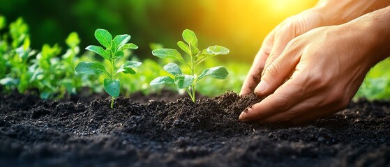 Hands gently planting a small tree seedling in fertile soil, with a green, lush natural backdrop, highlighting ESG and CSR concepts for environmental sustainability